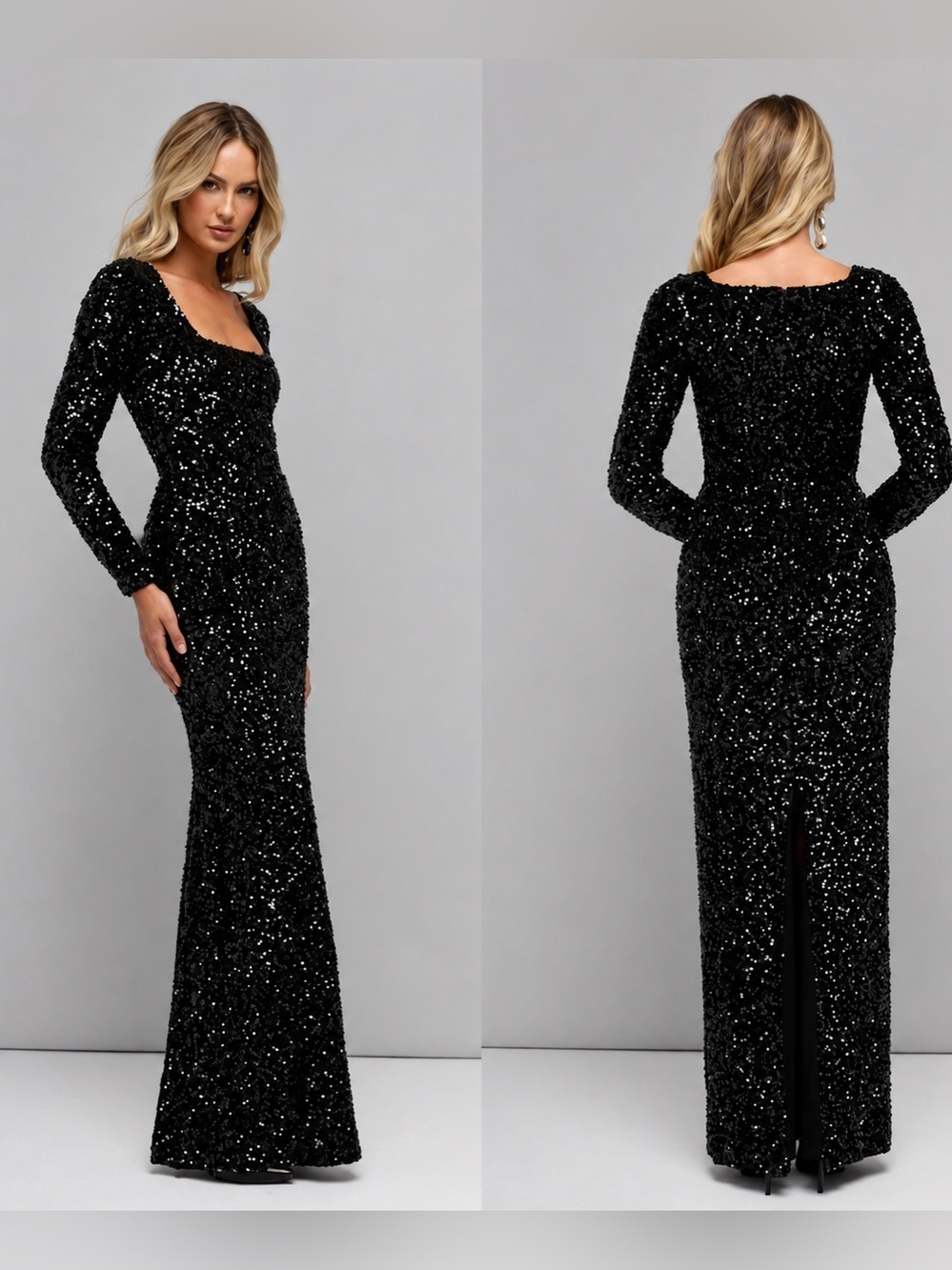 Helsi Jamie Square-Neck Sequin Velvet Column Gown in Black Size XS Preloved - Picture 2 of 7